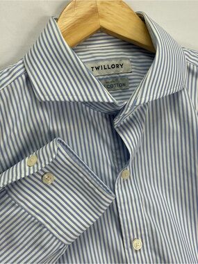 Twillory Men’s Button Down Shirt Size 16 34/35 Tailored Fit Blue White Striped